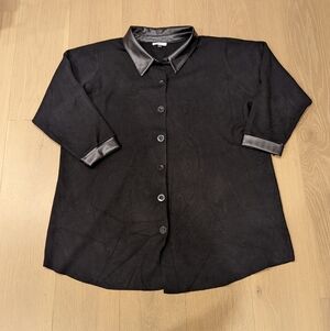 Black Button-Up Shacket with Faux Leather Trim